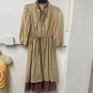 *Vintage 70s- Young& Now-Cream and Purple prairie , peasant Dress